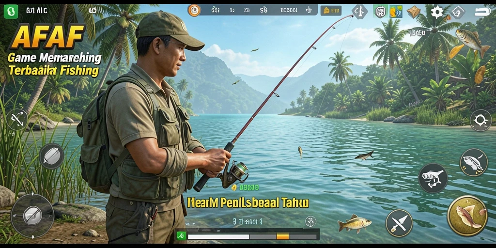 Screenshot gameplay utama AFAF yang menampilkan suasana memancing yang seru.