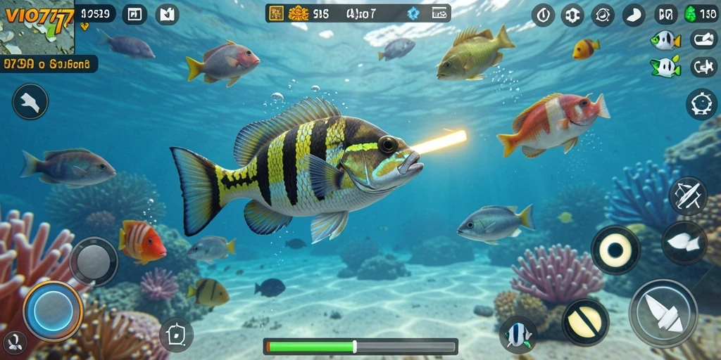 Tampilan gameplay seru dalam VIO77 saat menembak ikan.